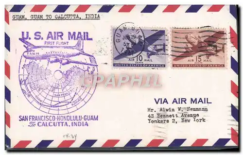 Lettre Etats Unis 1st Flight San Francisco Honolulu Guam Calcutta India 29 6 1947