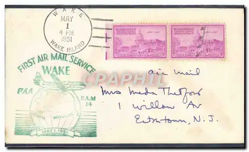 Lettre Etats Unis 1st Flight Wake 1 5 1951 tp NJ