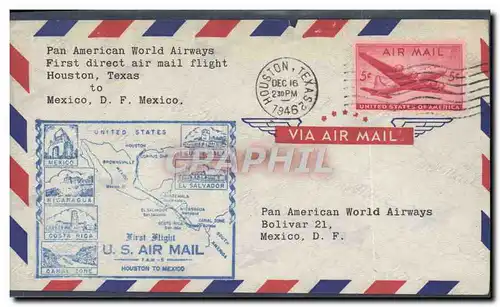 Lettre Etats Unis 1st Flight Houston to Mexico 16 12 1946