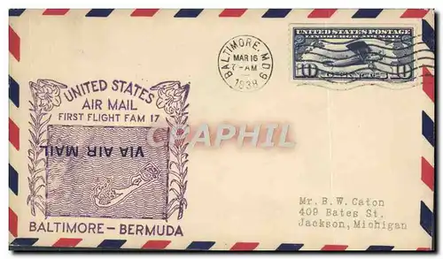 Lettre Etats Unis 1st Flight FAM 17 Baltimore Bermuda 16 3 1938