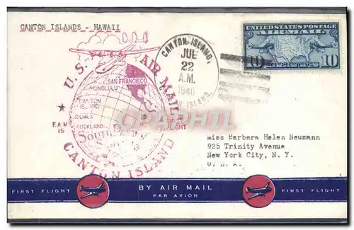 Lettre Etats Unis 1st flight Canton Islans Hawaii 22 7 1940