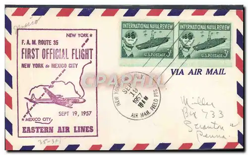 Lettre Etats Unis 1st flight New York Mexico Eastern Air Lines Porte Avions 19 9 1957