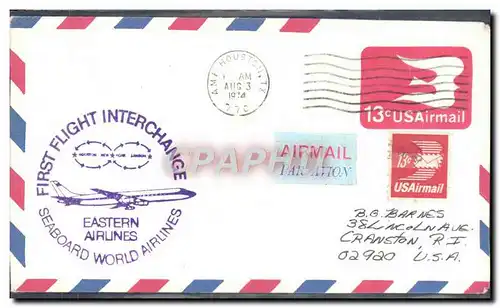 Lettre Etats Unis 1st flight Eastern Airlines Houston 13 8 1974