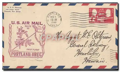 Lettre Etats Unis 1st flight Portland to Honolulu Hawaii 2 12 1948
