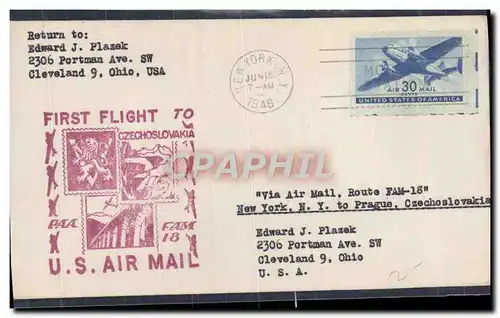 Lettre Etats Unis 1st Flight Thecoslovaquia 15 6 1946