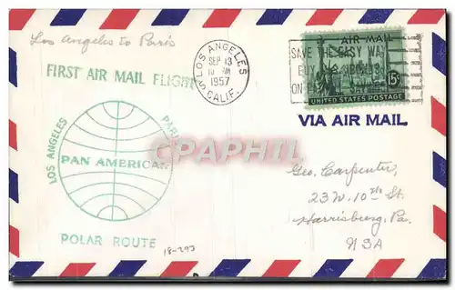 Lettre Etats Unis 1st Flight Los Angeles Paris Polar Route Polaire 13 9 1957
