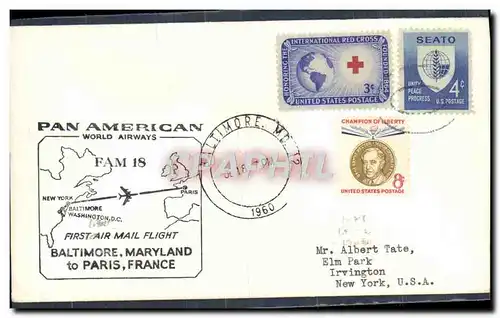 Lettre Etats Unis 1st Flight Baltimore Paris 18 6 1960