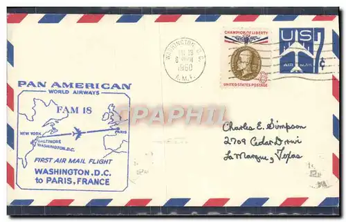 Lettre Etats Unis 1st Flight Baltimore Paris 18 6 1960 FAM 18