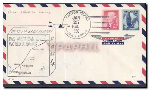 Lettre Etats Unis canton Island tp Samoa 25 1 1956 Aigle