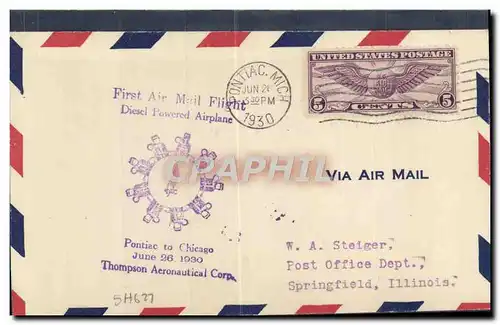 Lettre Etats Unis First Flight Diesel poxwered airplane Pontiac to Chicago Thompson Aero Co 28 6 193