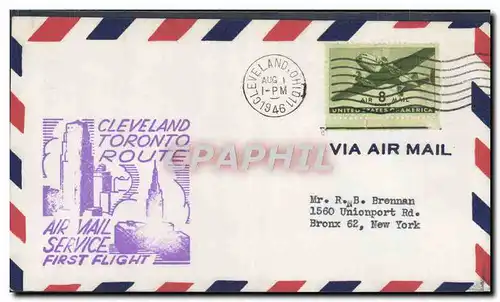 Lettre Etats Unis Cleveland Route Air Mail 1st Flight 1 8 1946