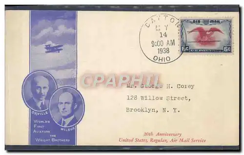 Lettre Etats Unis Dayton to NY Orville Wilbur Wright Brothers 14 5 1938