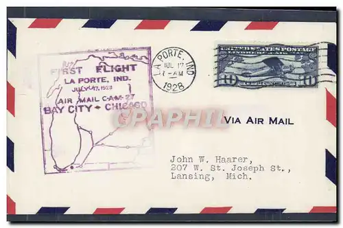 Lettre Etats Unis 1st Flight Bay City Chicago 17 7 1928