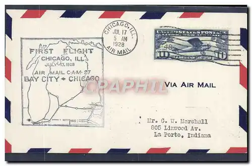 Lettre Etats Unis 1st Flight Chicago Bar city 17 7 1928