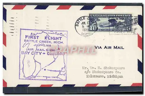 Lettre Etats Unis 1st Flight Battle Creek Chicago 17 7 1928