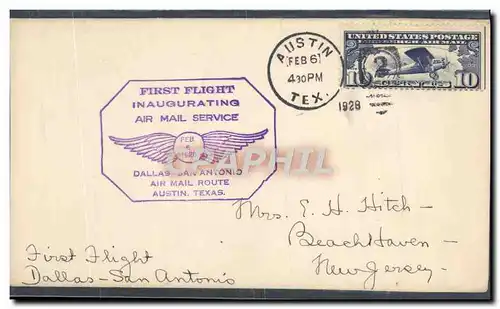 Lettre Etats Unis 1st Flight Dallas San Antonio 6 2 1928