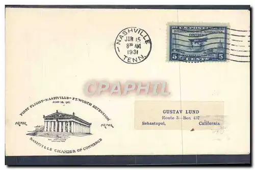 Lettre Etats Unis 1st Flight Nashville Sebastopol 15 6 1931