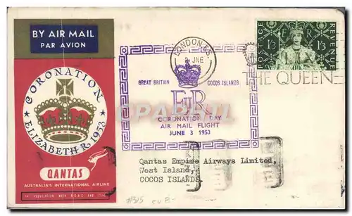 Lettre Qantas London to Cocos Islans Coronation 3 6 1953