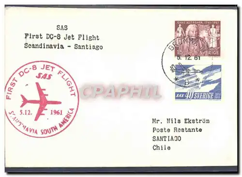 Lettre SAS First DC8 Flight Scandinavia Santiago 5 12 62