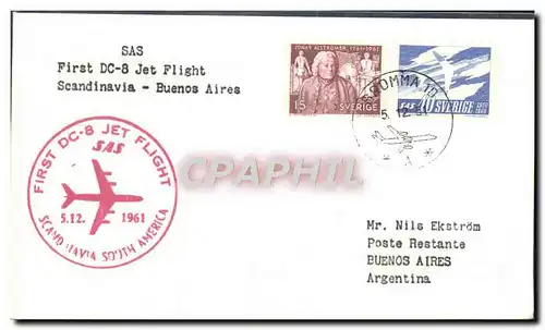 Lettre SAS First DC8 Jet Flight Scandinavia Buenos Aires 5 12 1961