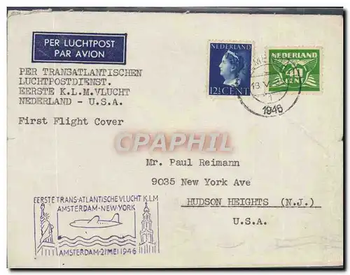 Lettre Pays Bas 1st Flight to USA 21 5 1946