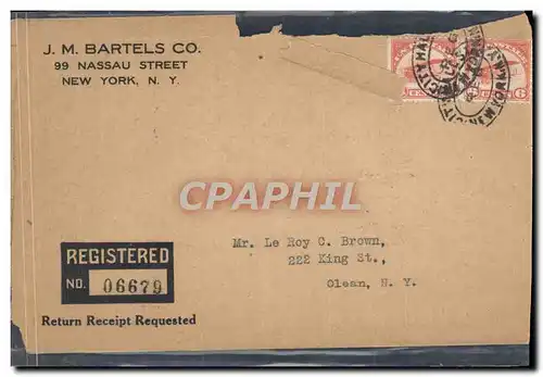 Lettre Etats Unis JM Bartels Nassau Street New York to Olean 2 7 1921