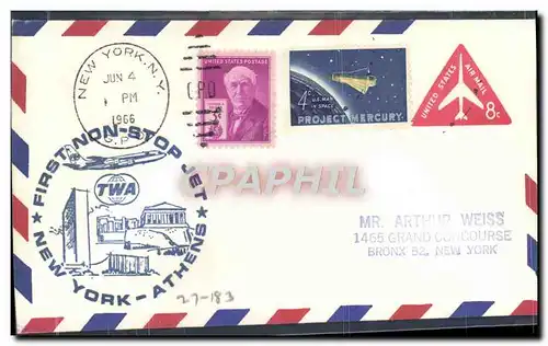 Lettre Etats Unis 1st non stop New York Athens 4 6 1966