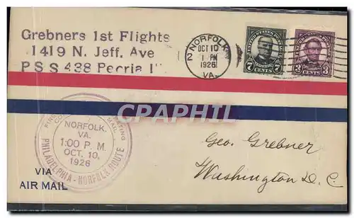 Lettre Etats Unis Grebners 1st Flight Philadelphia Norfolk 10 10 1926