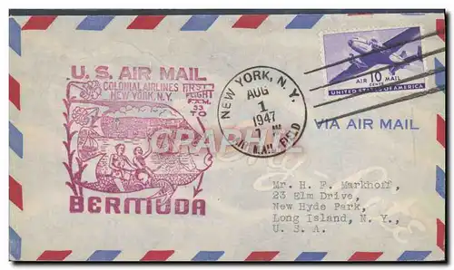 Lettre Etats Unis Colonial Airlines New York Bermdua 1 8 1947