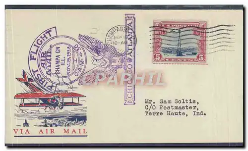 Lettre 1er Vol Etats Unis Champa Terre Haute Aigle 19 11 1929