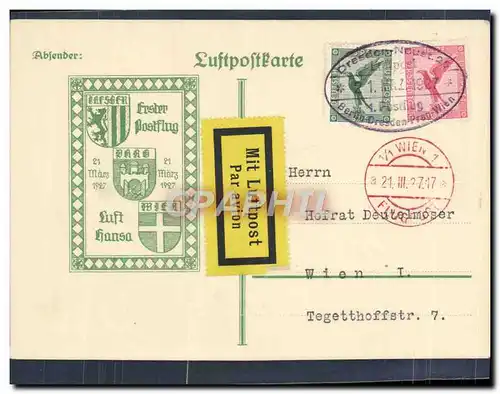 Lettre Vol Allemagne Wien 21 3 1927