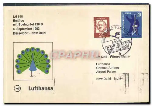 Lettre 1er Vol Allemagne Dusseldorf New Delhi Paon Lufthansa 6 9 1963