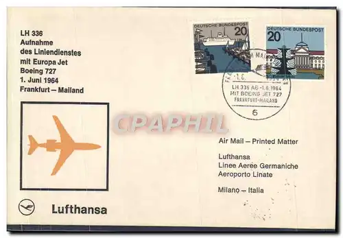 Lettre 1er Vol Frankfurt Mailand Lufthansa Boeing 727 1 6 1964