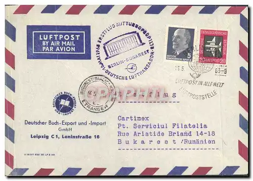 Lettre 1er Vol Leipzig Leninstrasse Roumanie 16 5 1956