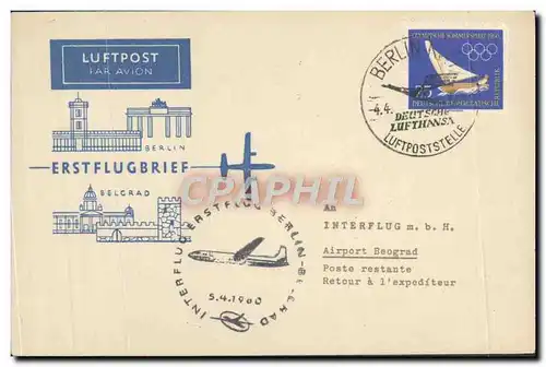 Lettre 1er Vol Berlin Belgrad 5 4 1960