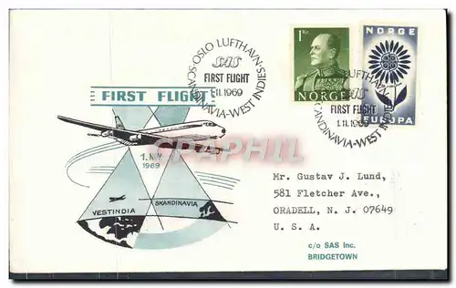 Lettre 1er Vol Oslo West Indies 1 11 1969