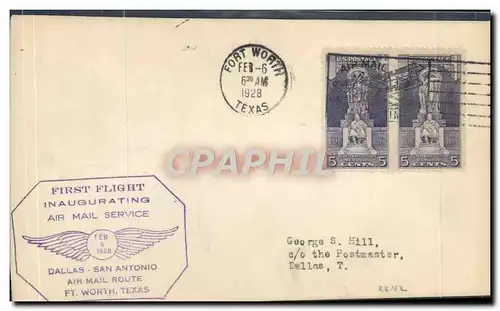 Lettre 1er Vol Etats Unis Dallas San Antonio 6 2 1928 RARE