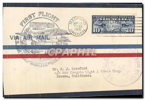 Lettre 1er Vol Etats Unis Seattle Los Angeles 15 9 1926