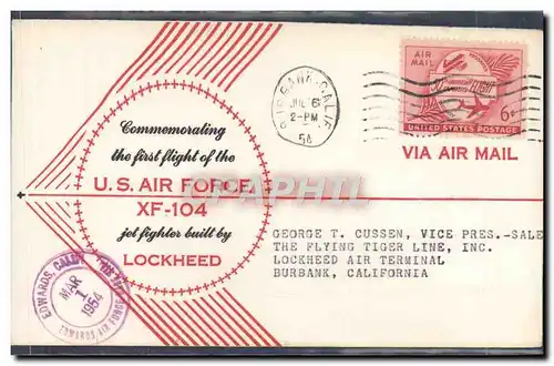 Lettre 1er Vol Etats Unis US Air Force XF104 Edwards Air Force 6 7 1954