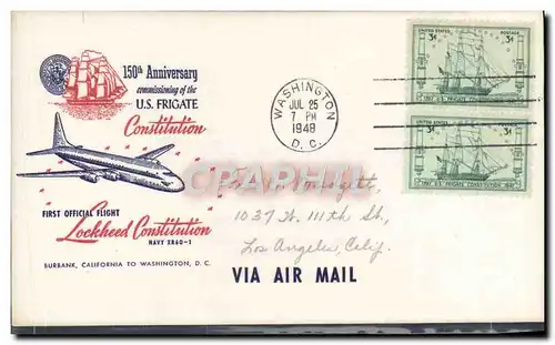 Lettre 1er Vol Etats Unis Burbank to Washington DC 25 7 1947 Avon Constitution