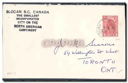 Lettre Canada Slocan 1951 to Toronto