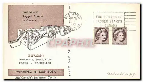 Lettre Canada Sefacan Automatic Segregator Winniped Manitoba Tagged stamps 13 1 1962