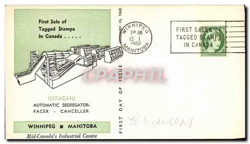 Lettre Canada Sefacan Automatic Segregator Winniped Manitoba Tagged stamps 13 1 1962