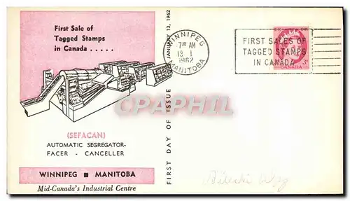 Lettre Canada Sefacan Automatic Segregator Winniped Manitoba Tagged stamps 13 1 1962