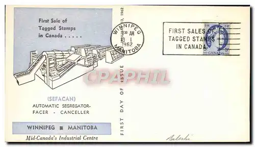 Lettre Canada Sefacan Automatic Segregator Winniped Manitoba Tagged stamps 13 1 1962