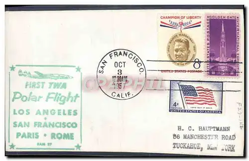 Lettre Etats Unis 1st flight Polar flight San Francisco Paris Rome 3 10 1957