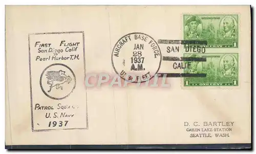 Lettre Etats Unis 1st flight San Diego Pearl Harbour 28 1 1937