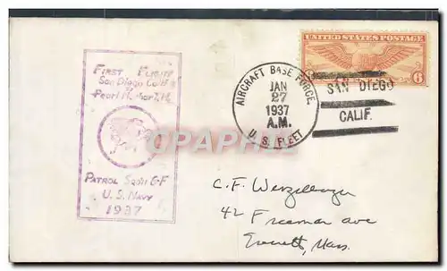 Lettre Etats Unis 1st flight San Diego Pearl Harbour 27 1 1937