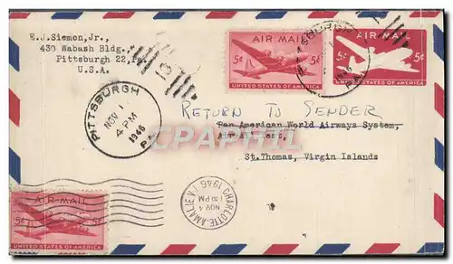 Lettre Etats Unis Flight Pittsburgh to St Thomas Virgin Islands 1 11 1946