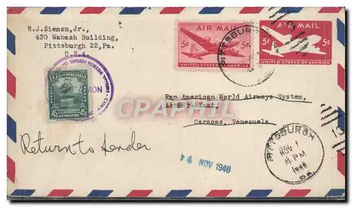Lettre Etats Unis Flight Pittsburg 1 11 1946 to Venezuela